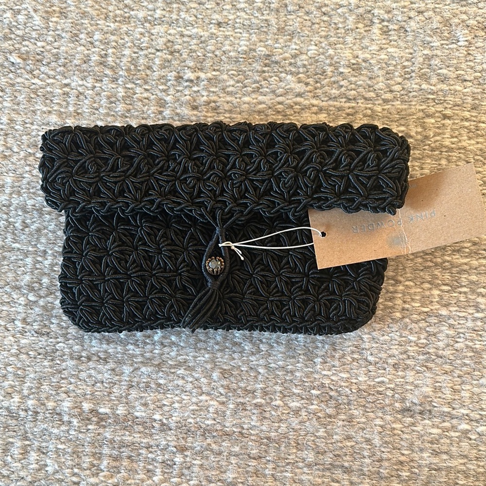 Black Textured Clutch with Flap Closure